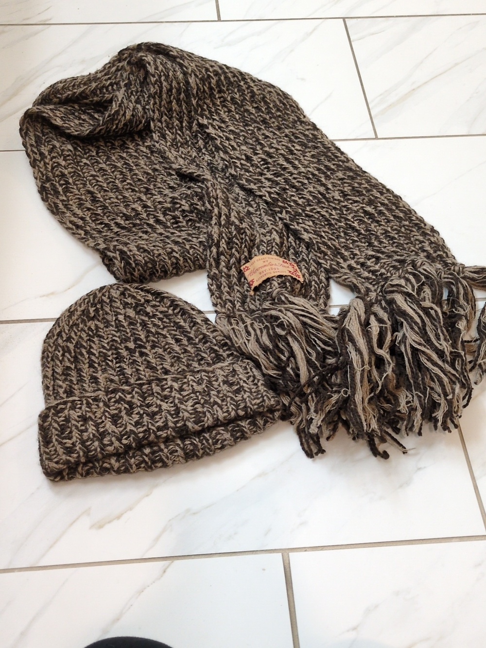 A & F Vintage Brown Marled Fringe Scarf Plus Beanie Set!